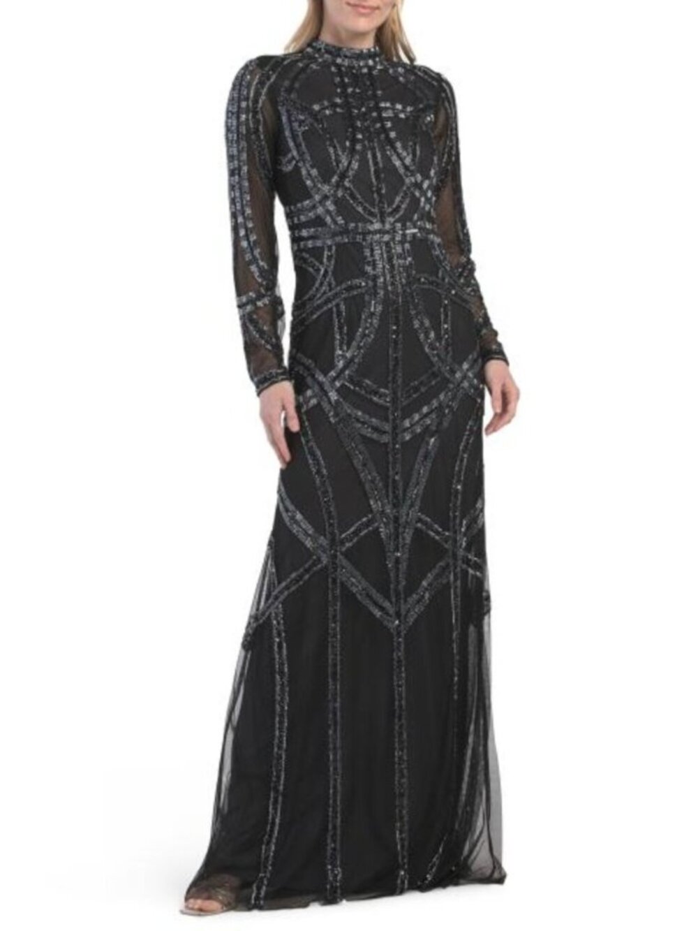 AIDAN MATTOX Long Sleeve Embellished Gown